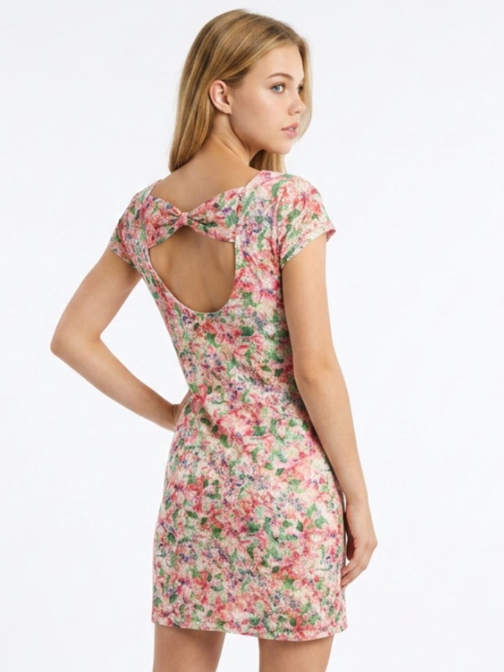 FREE PEOPLE Dress Lace Overlay Open Back Cap Sleeves Floral Pink Green Small - Picture 2 of 10